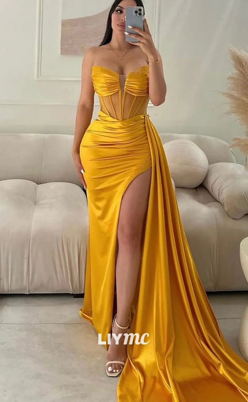 LP2131 - V-Neck Sleeveless Pleated High Slit Ruched Satin Sexy Prom Dress