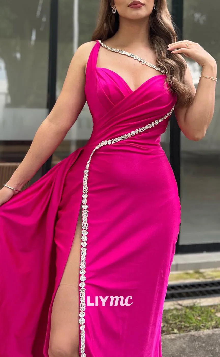 LP2169 - V-Neck Straps Pleated Beaded High Slit Satin Prom Dress