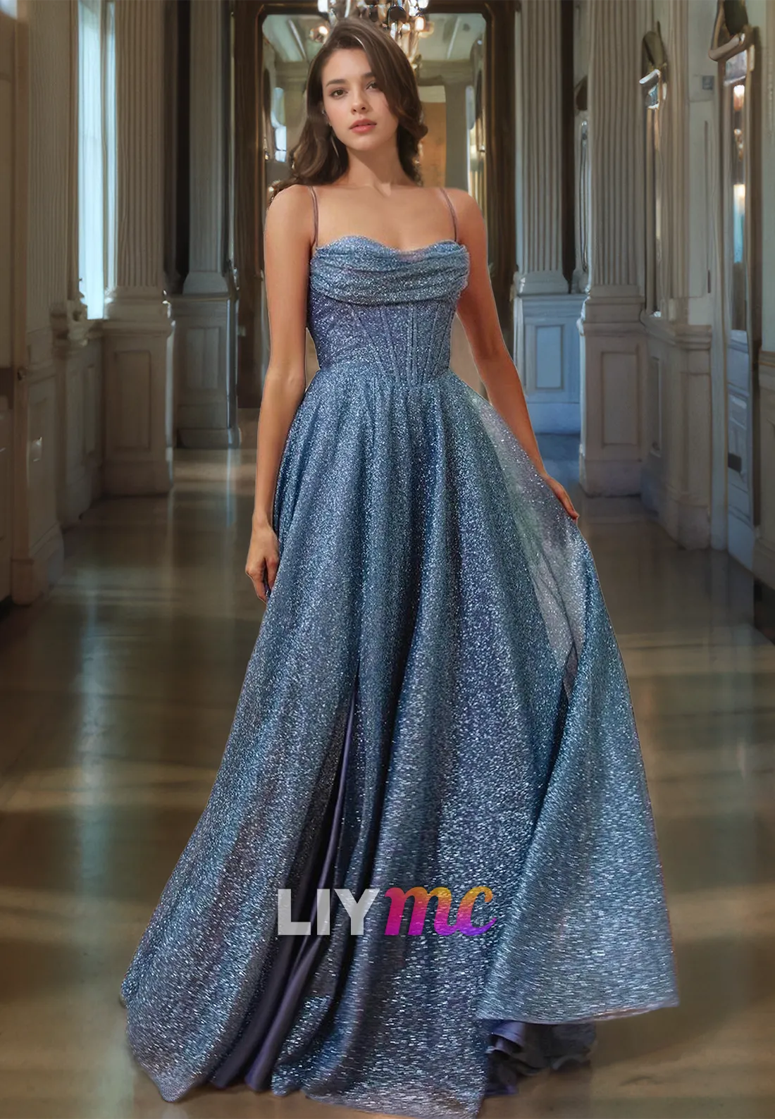 LP273 - Sparkly Spaghetti Straps Sweetheart Sequins A-Line Prom Dress With Slit