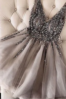 Luxurious Sequins Beaded V-neck Tulle Short Gray Homecoming Dresses SA1483