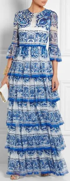 'Majolica' Tile Printed Tiered Gown