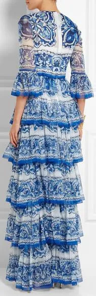 'Majolica' Tile Printed Tiered Gown