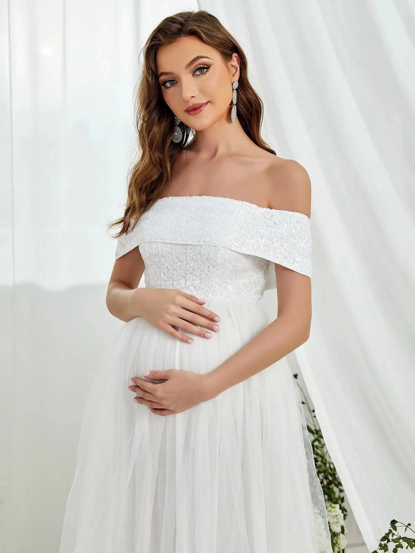 Maternity Off Shoulder Contrast Sequin Evening Dress