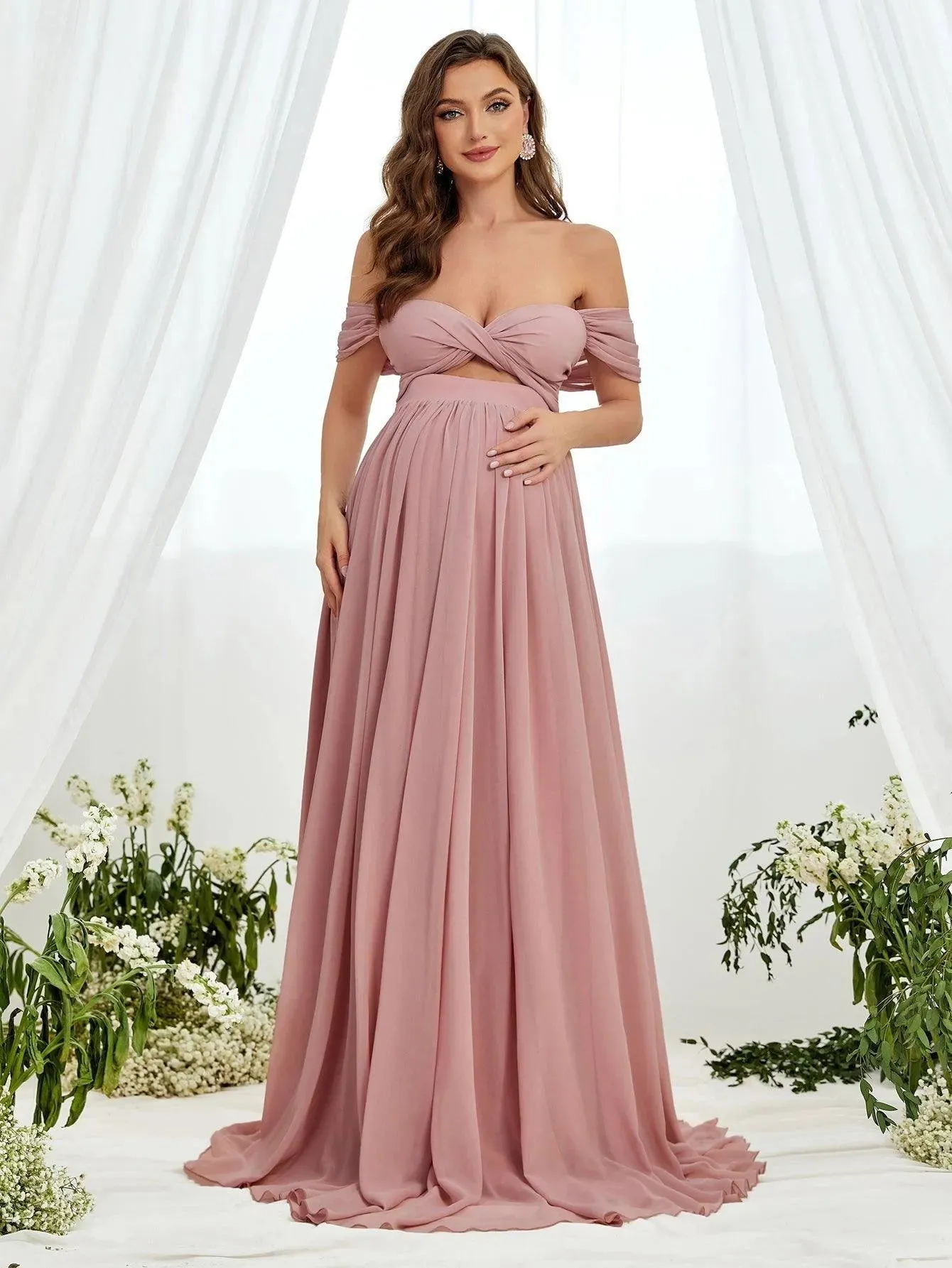 Maternity Off Shoulder Cut Out Front Chiffon Dress