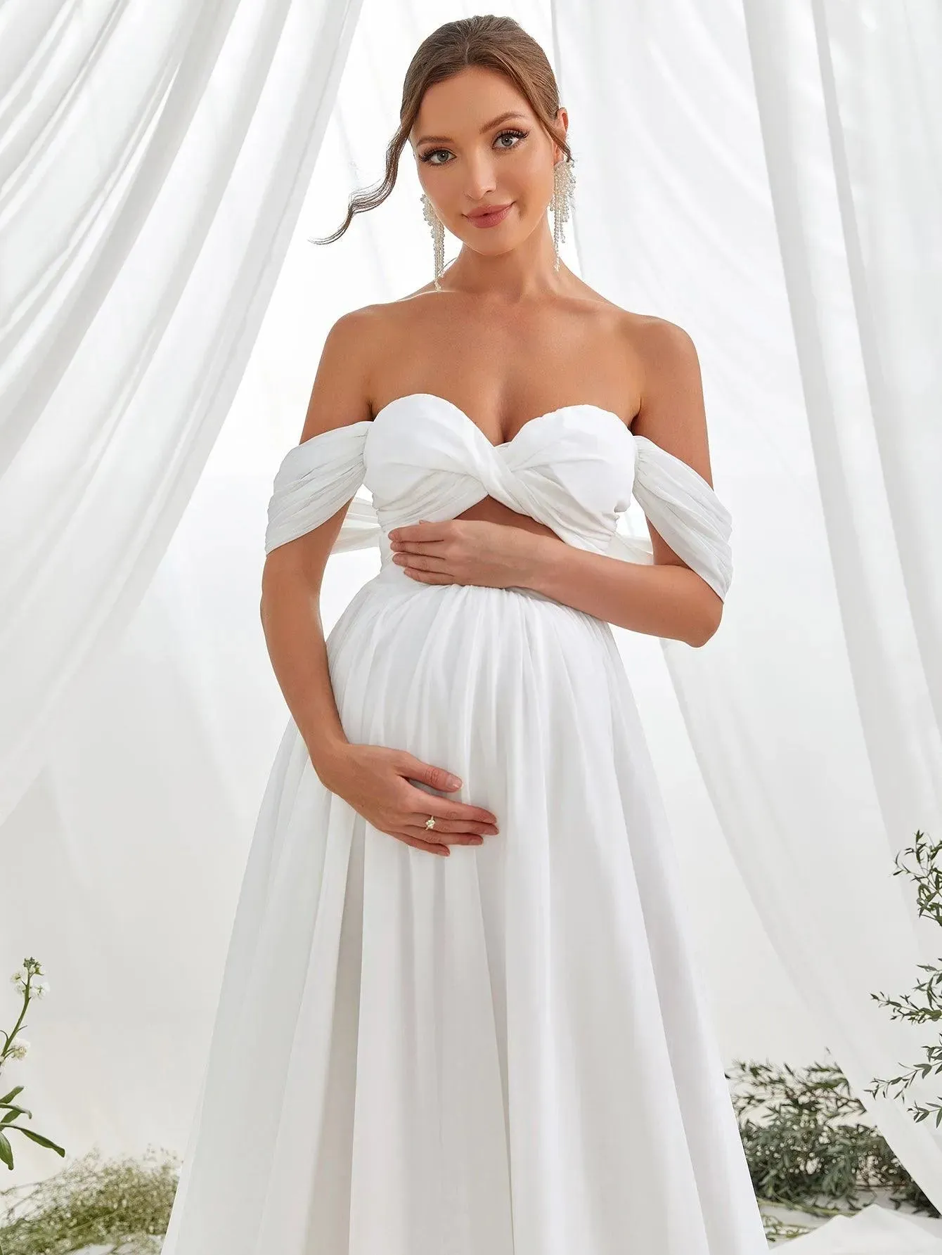 Maternity Off Shoulder Cut Out Front Chiffon Dress