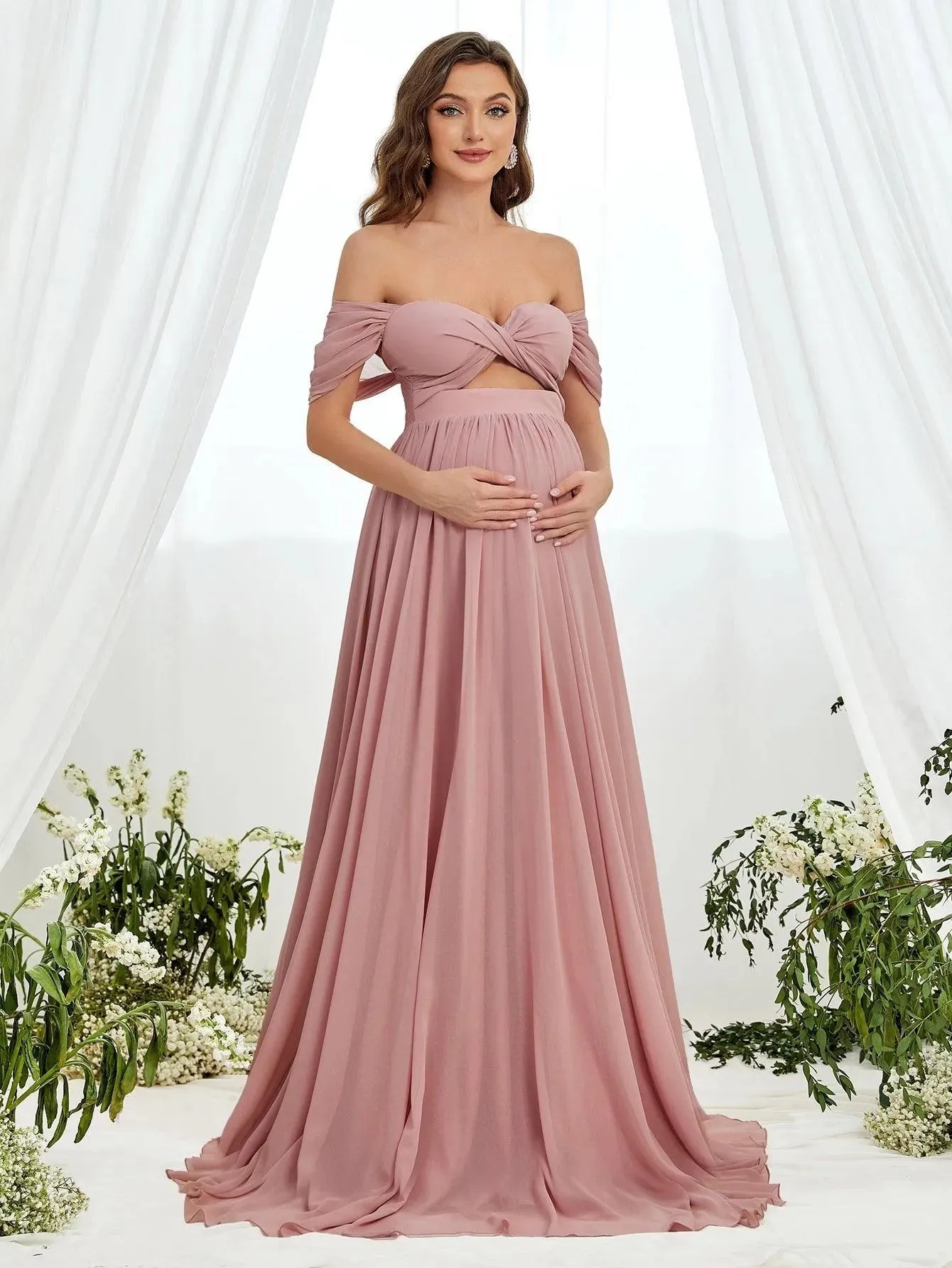 Maternity Off Shoulder Cut Out Front Chiffon Dress