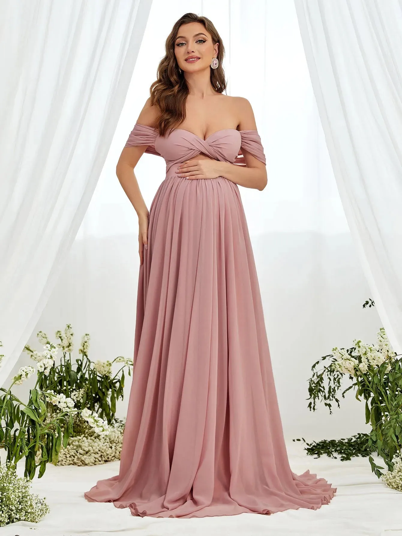 Maternity Off Shoulder Cut Out Front Chiffon Dress