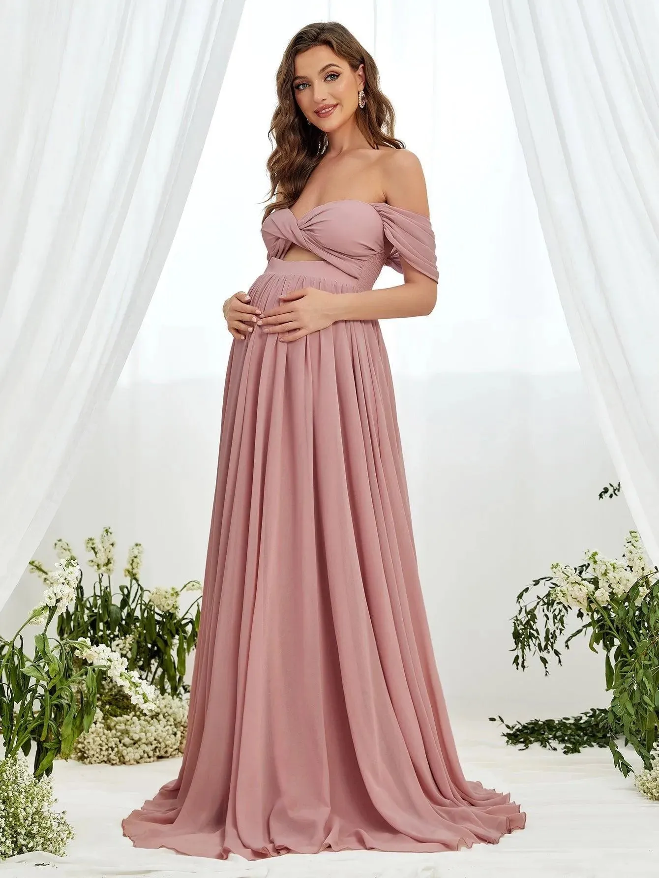 Maternity Off Shoulder Cut Out Front Chiffon Dress