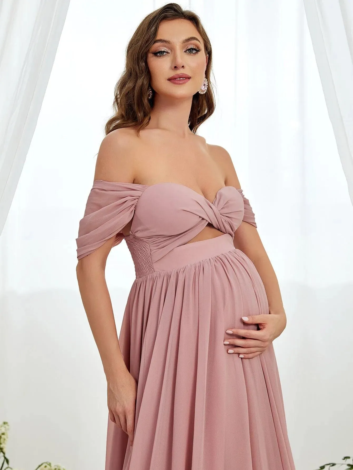 Maternity Off Shoulder Cut Out Front Chiffon Dress