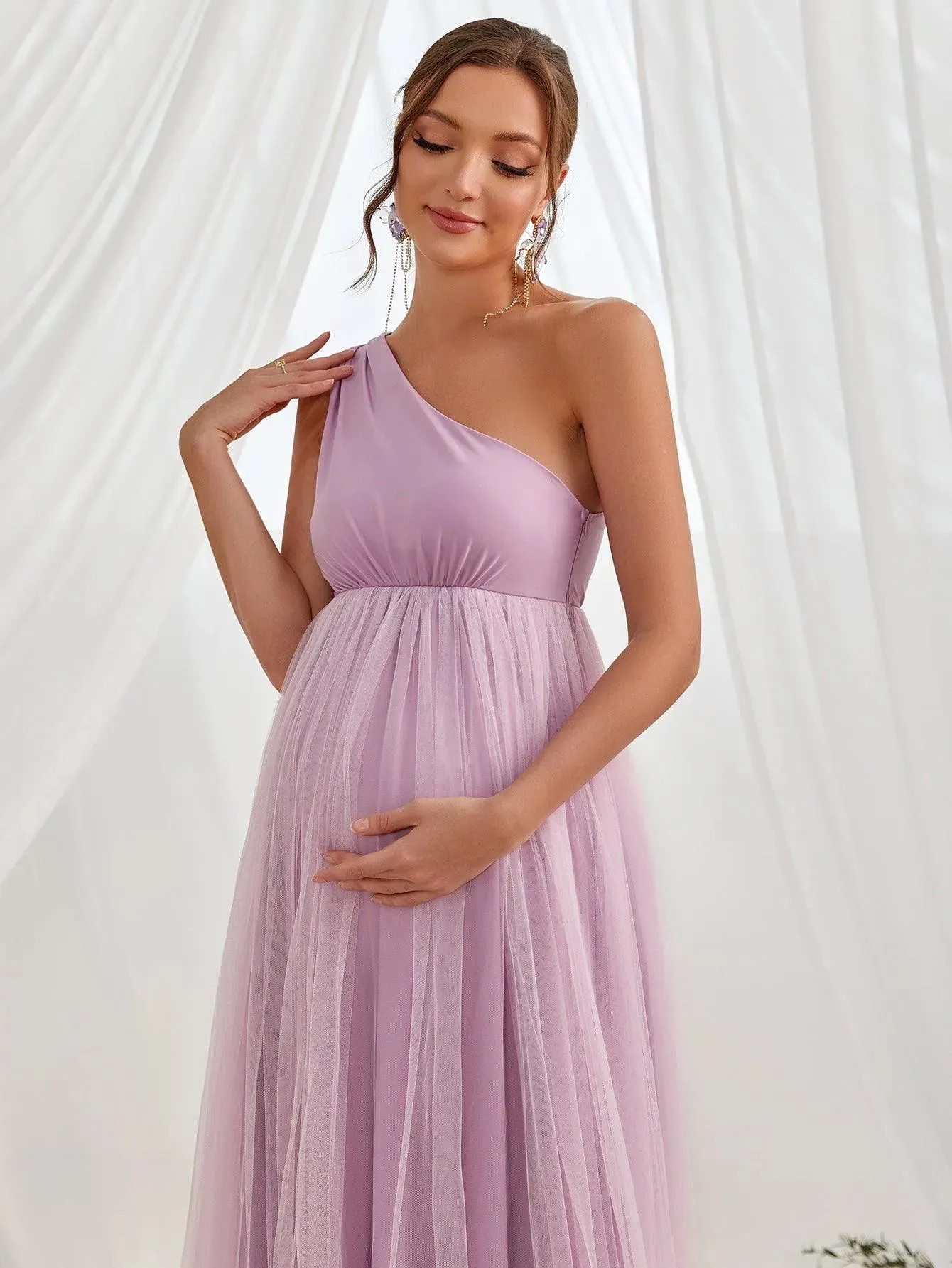 Maternity One Shoulder Sleeveless Contrast Mesh Dress