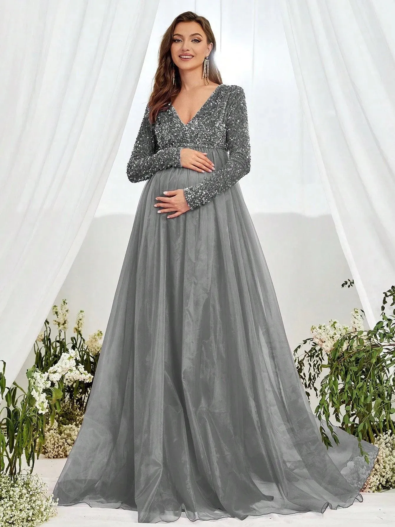 Maternity V Neck Long Sleeve Organza Hem Formal  Dress