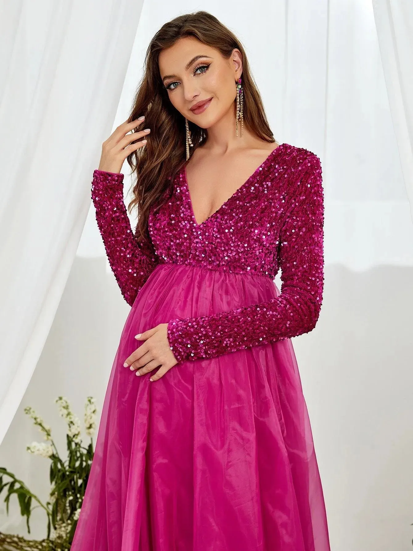 Maternity V Neck Long Sleeve Organza Hem Formal  Dress