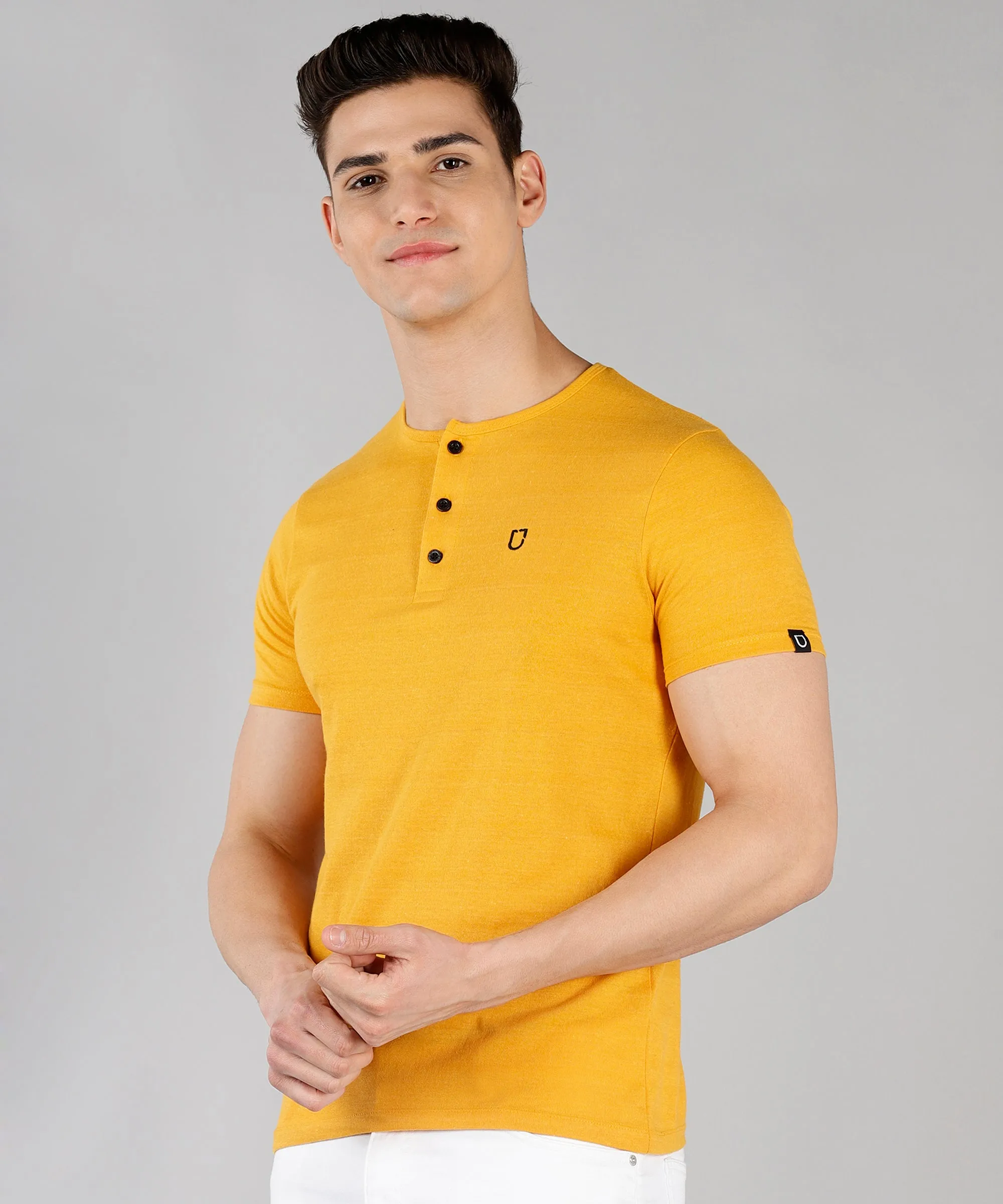 Men's Mustard Melange Solid Henley Neck Slim Fit Cotton T-Shirt