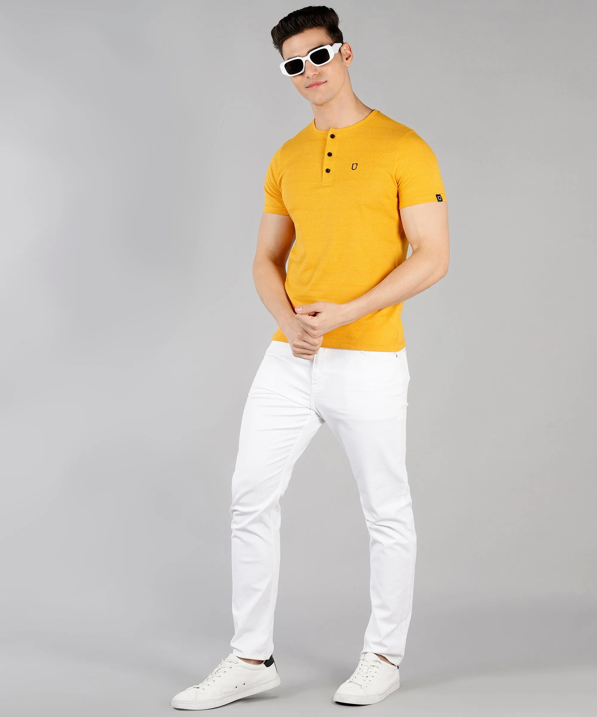 Men's Mustard Melange Solid Henley Neck Slim Fit Cotton T-Shirt