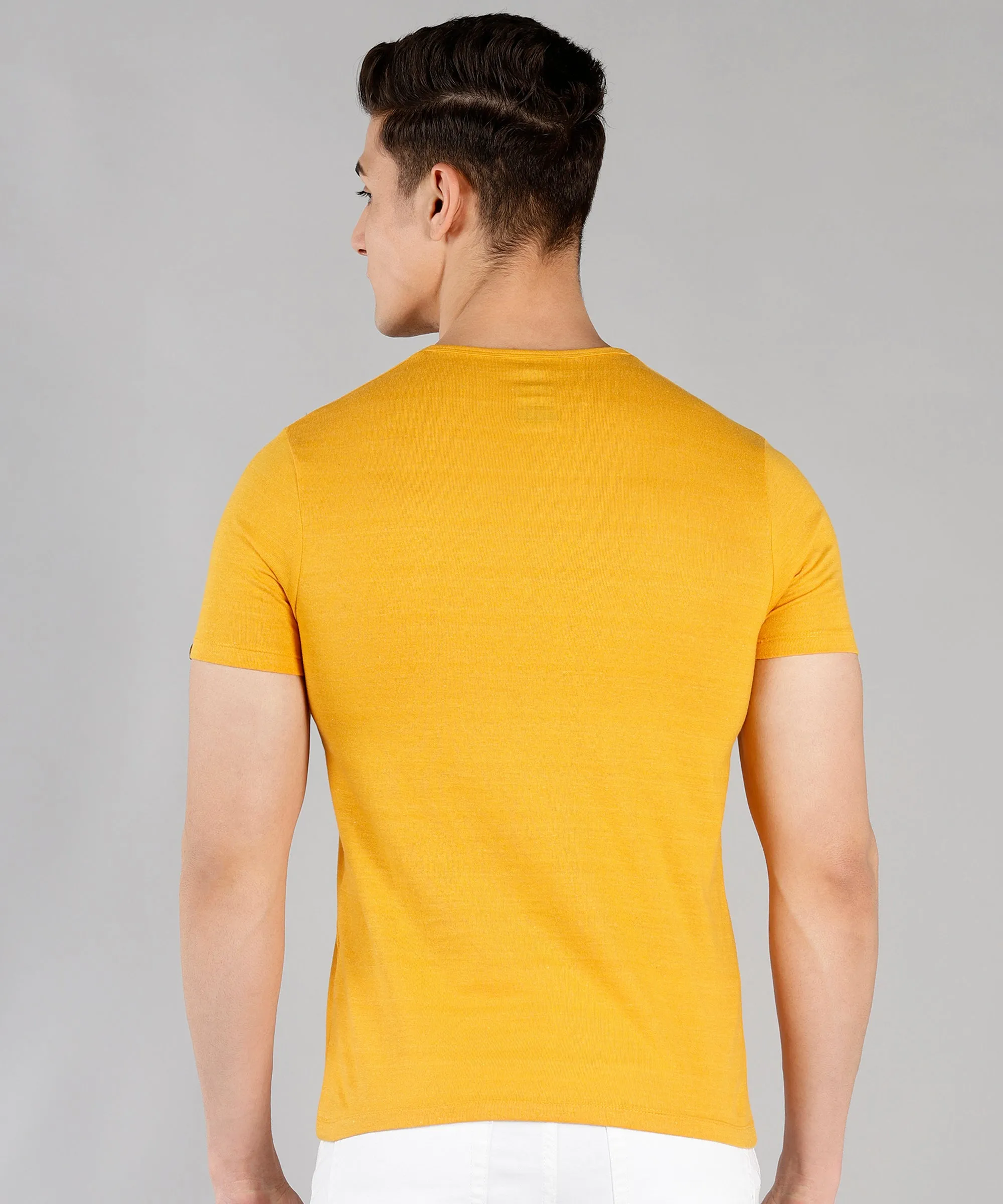 Men's Mustard Melange Solid Henley Neck Slim Fit Cotton T-Shirt