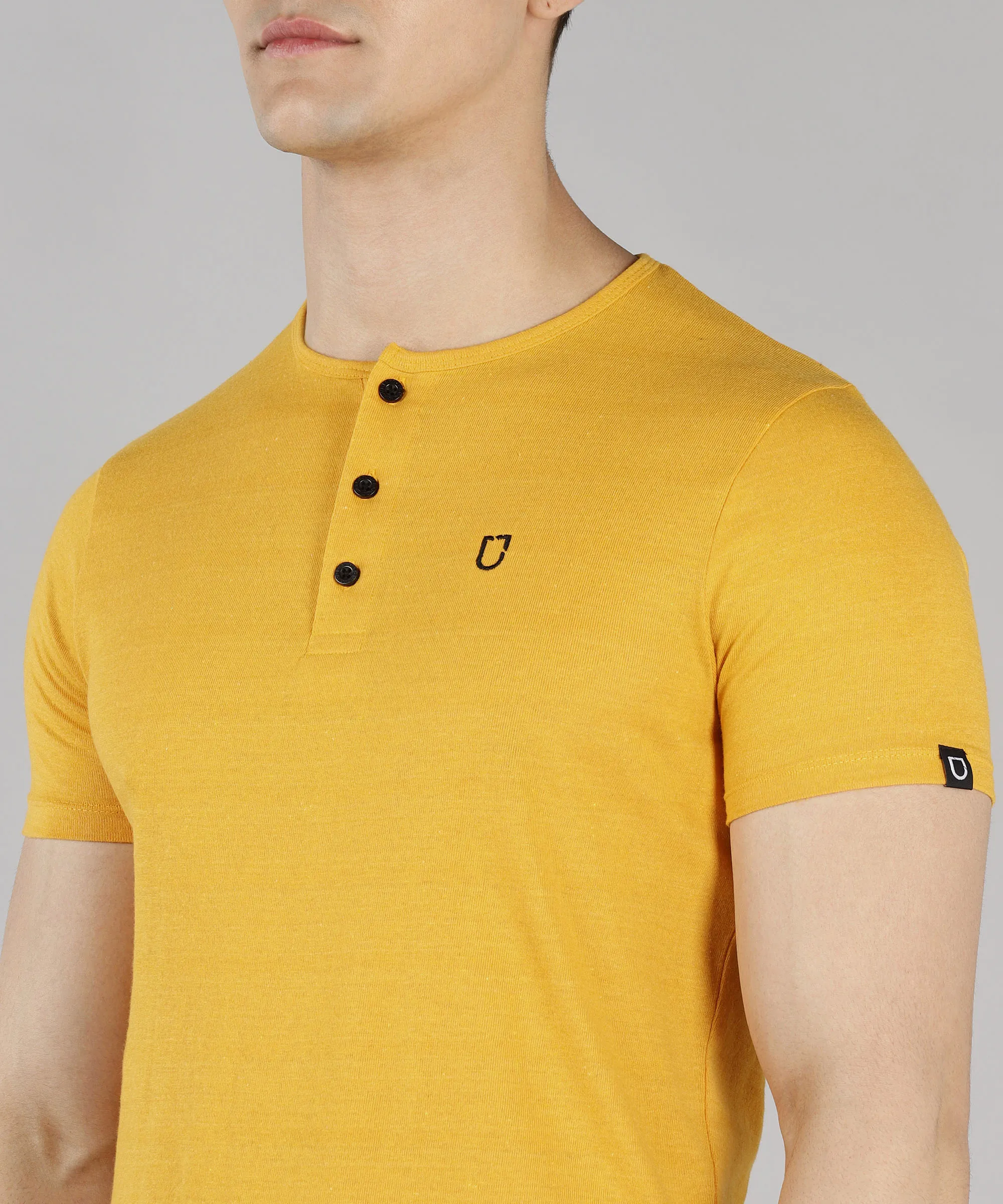 Men's Mustard Melange Solid Henley Neck Slim Fit Cotton T-Shirt