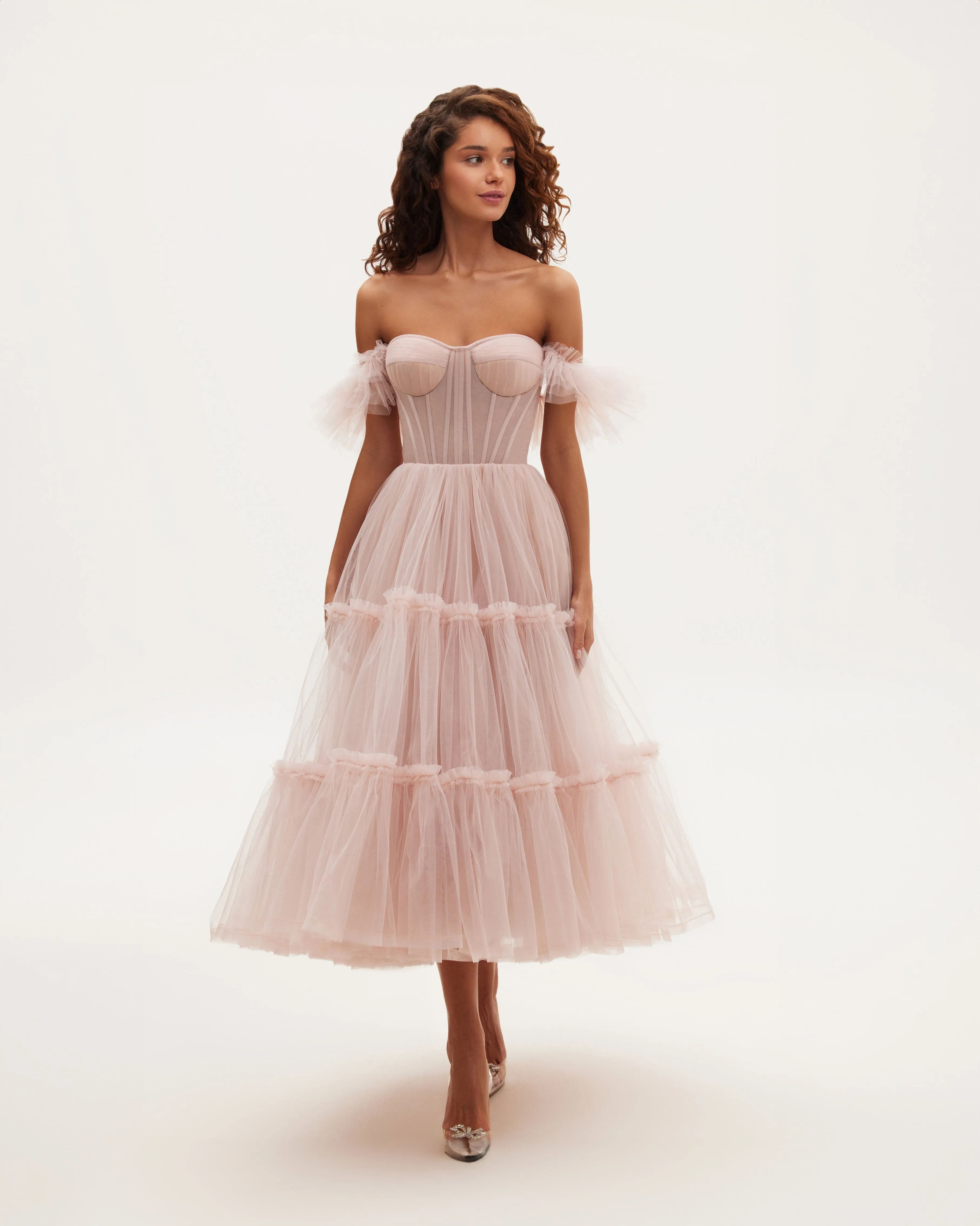 Misty Rose Ruffled Tulle Midi Dress