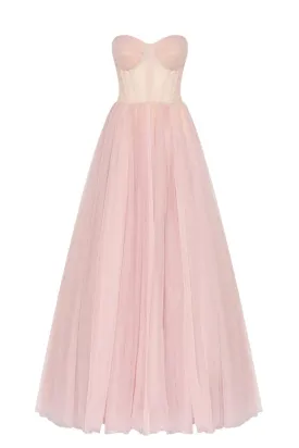 Misty Rose Tulle Maxi Dress with a Corset Bustier