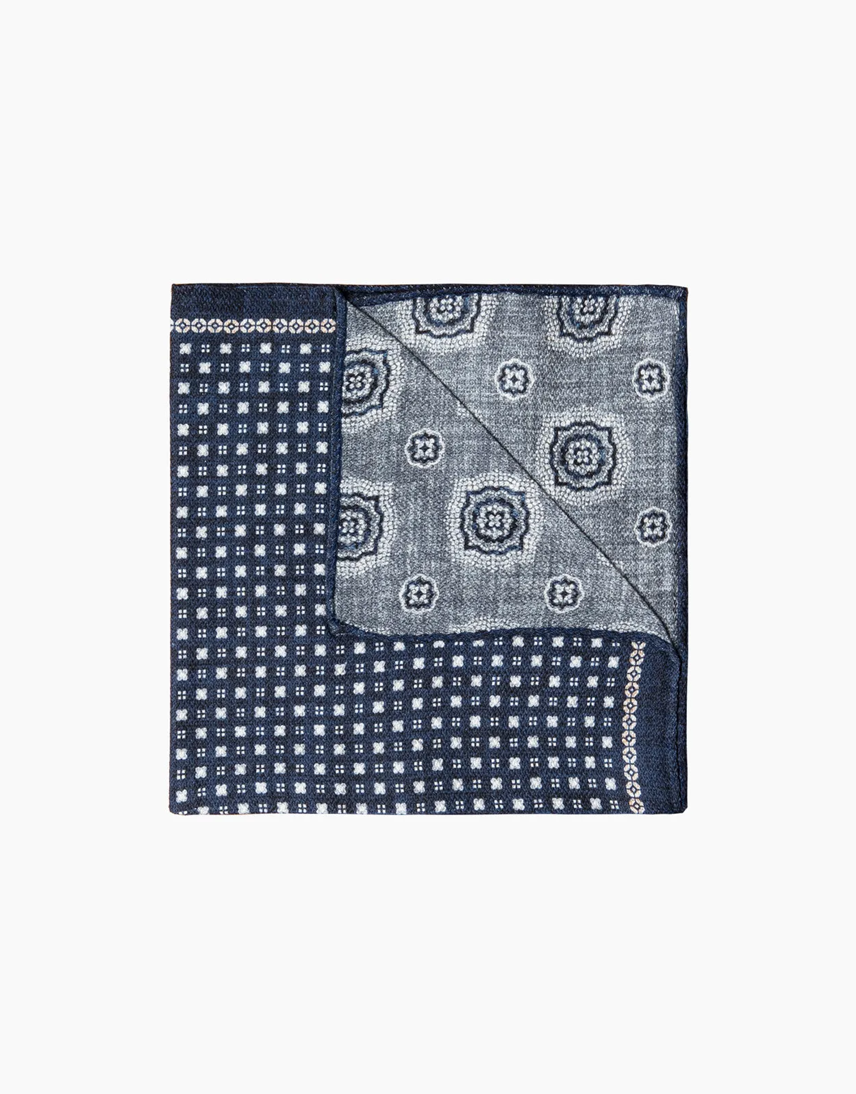 Navy & Grey Floral Medallion Reversible Pocket Square