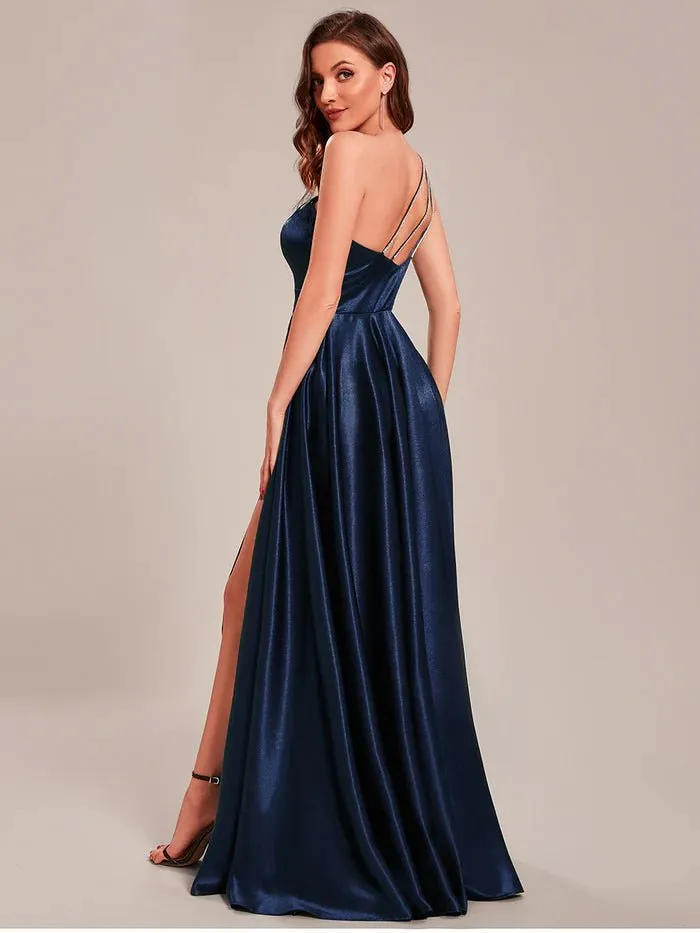 One Shoulder A-Line Floor Length Sleeveless Fit Satin Custom Evening Dress