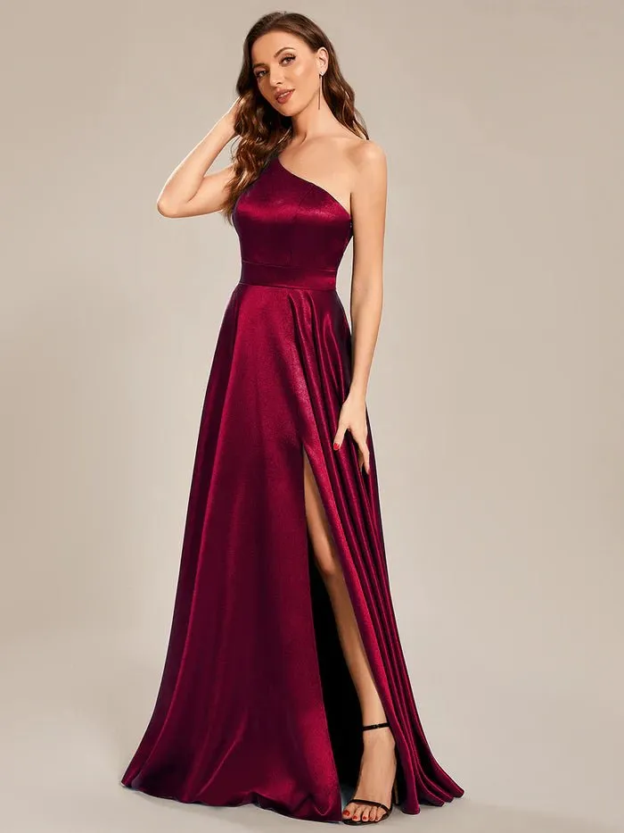 One Shoulder A-Line Floor Length Sleeveless Fit Satin Custom Evening Dress