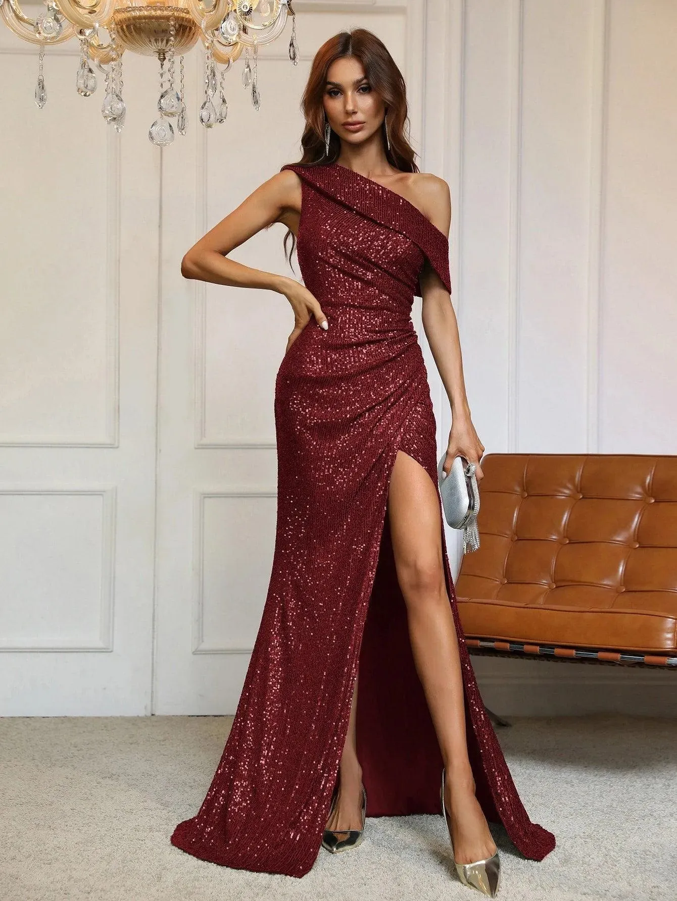 One-Shoulder Sequined Gown with Thigh-High Slit