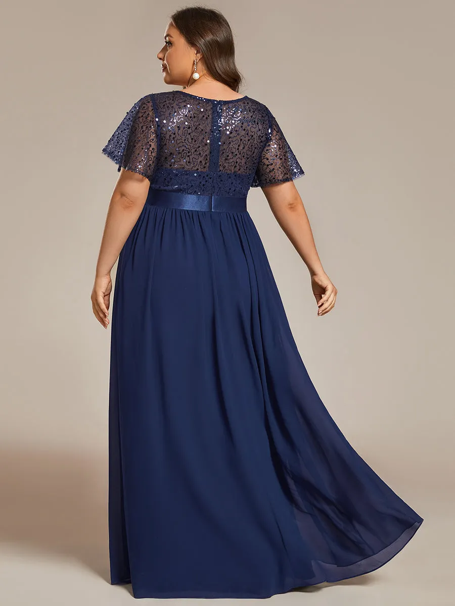 Plus Round-Neck Sequin Chiffon High Waist Formal Evening Dress With Short Sleeves