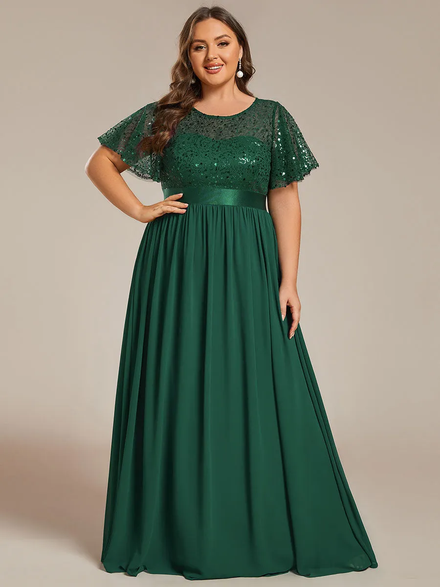 Plus Round-Neck Sequin Chiffon High Waist Formal Evening Dress With Short Sleeves