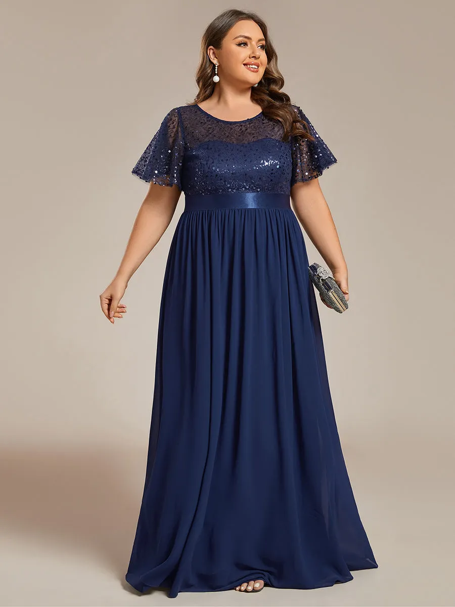 Plus Round-Neck Sequin Chiffon High Waist Formal Evening Dress With Short Sleeves