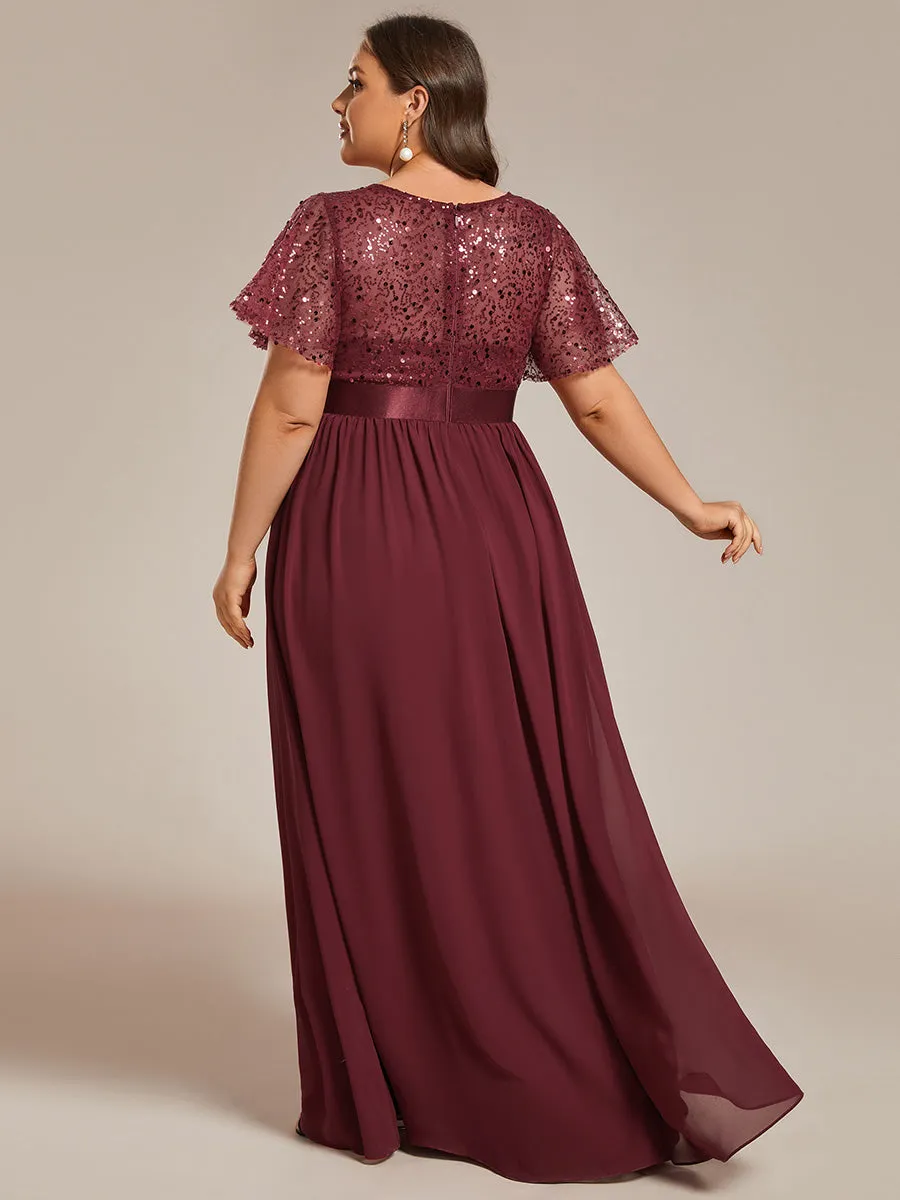 Plus Round-Neck Sequin Chiffon High Waist Formal Evening Dress With Short Sleeves