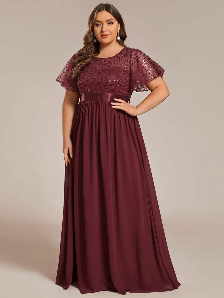 Plus Round-Neck Sequin Chiffon High Waist Formal Evening Dress With Short Sleeves