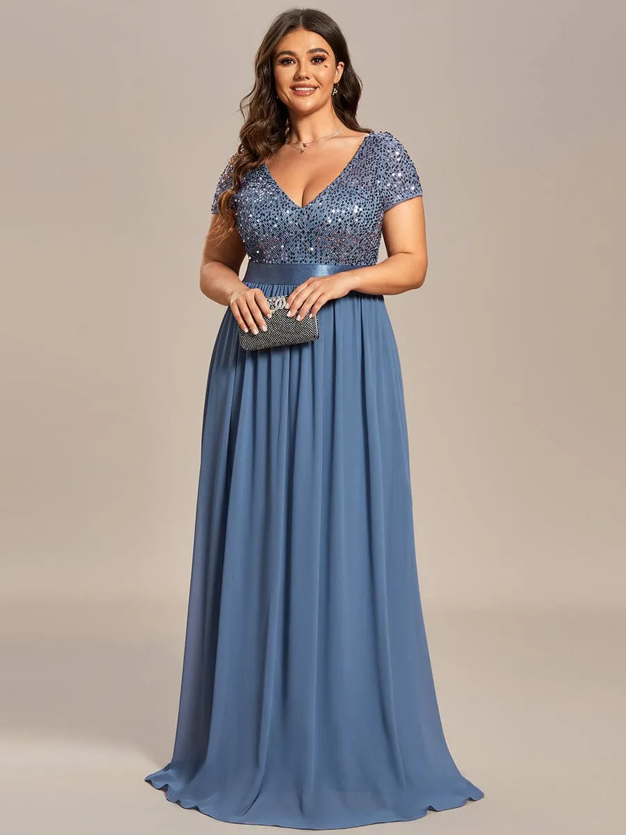 Plus Size Empire Waist V-Neck Cap Sleeve Chiffon Formal Evening Dress