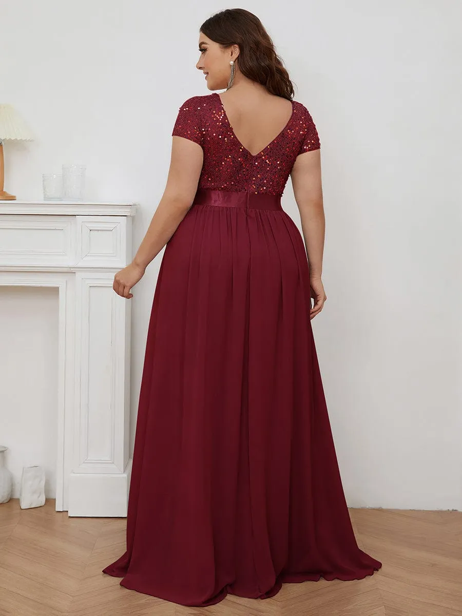 Plus Size Empire Waist V-Neck Cap Sleeve Chiffon Formal Evening Dress