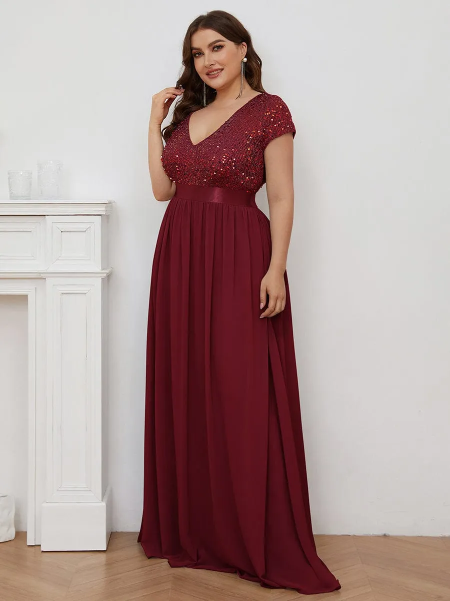 Plus Size Empire Waist V-Neck Cap Sleeve Chiffon Formal Evening Dress