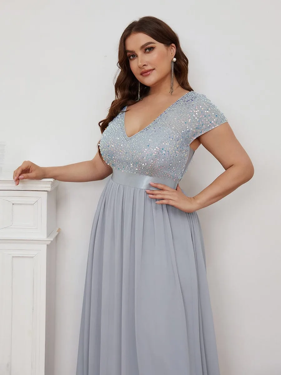 Plus Size Empire Waist V-Neck Cap Sleeve Chiffon Formal Evening Dress