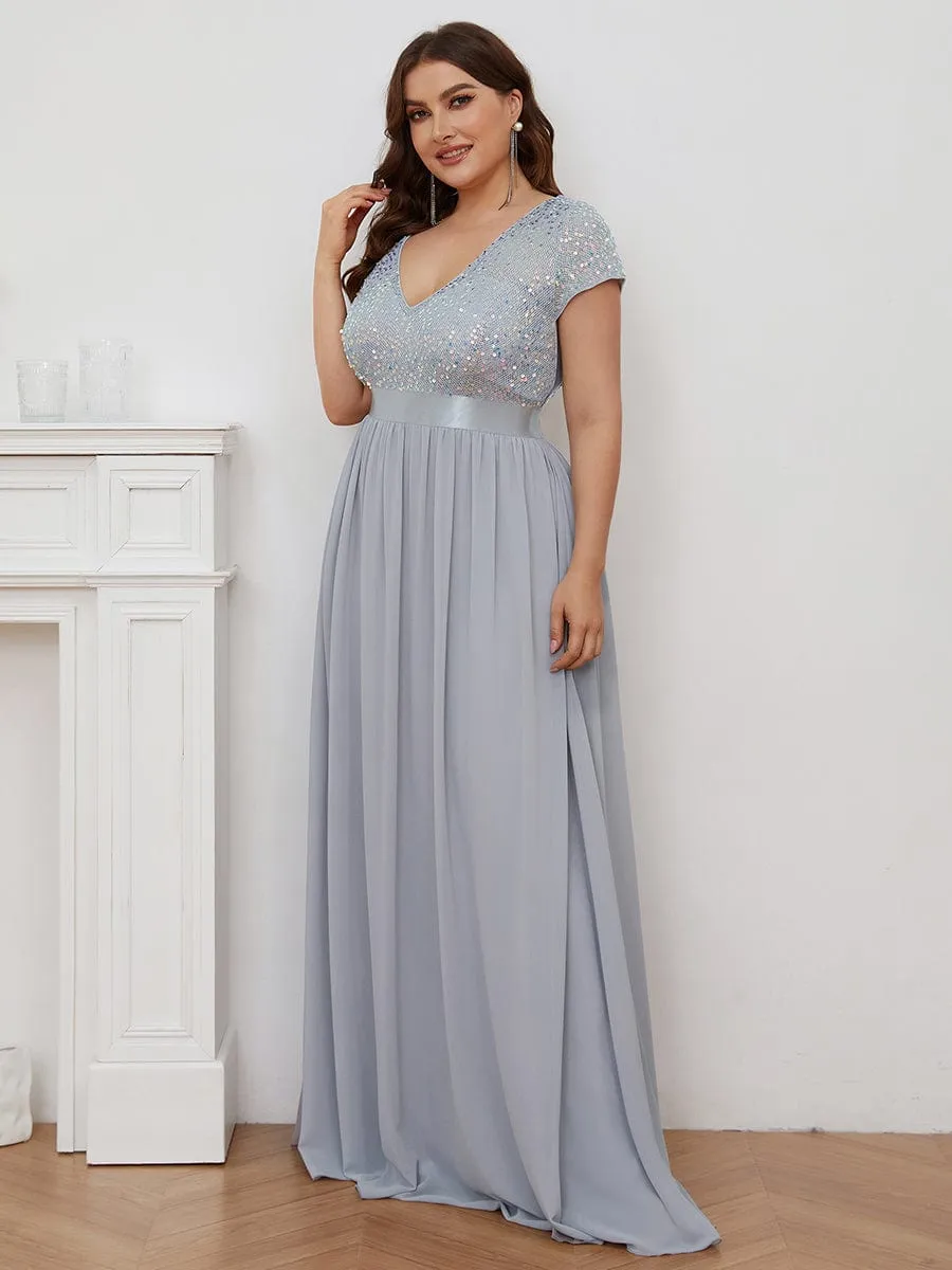 Plus Size Empire Waist V-Neck Cap Sleeve Chiffon Formal Evening Dress