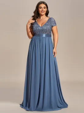 Plus Size Empire Waist V-Neck Cap Sleeve Chiffon Formal Evening Dress