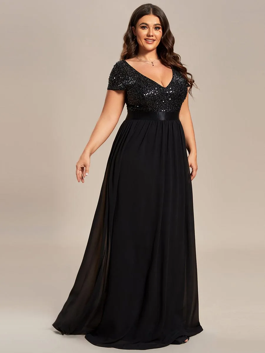 Plus Size Empire Waist V-Neck Cap Sleeve Chiffon Formal Evening Dress