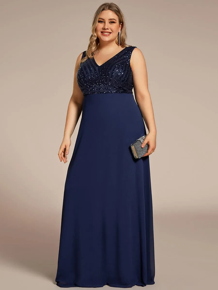 Plus Size Sequin Sleeveless Double V-Neck Formal Evening Dress