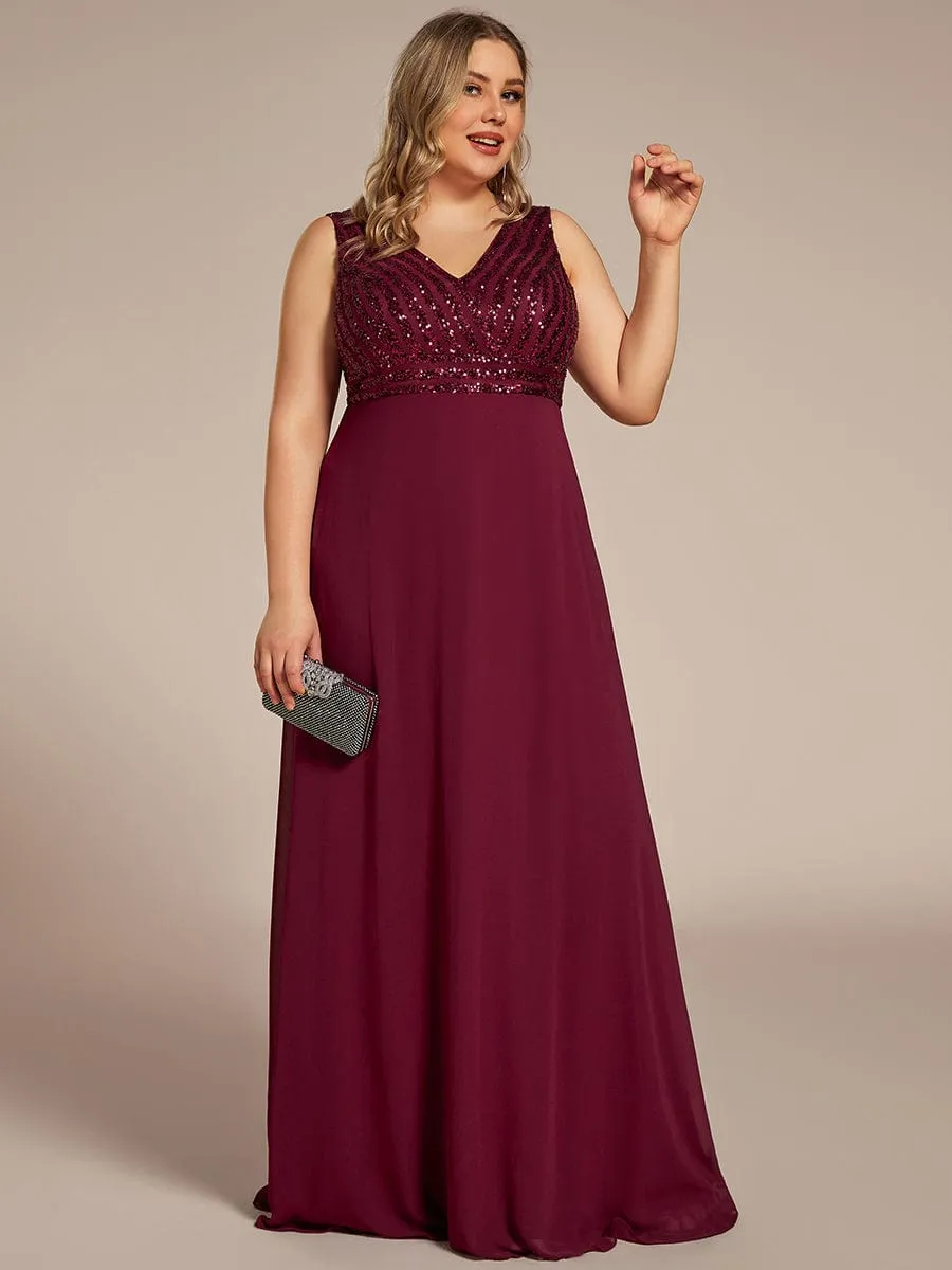 Plus Size Sequin Sleeveless Double V-Neck Formal Evening Dress