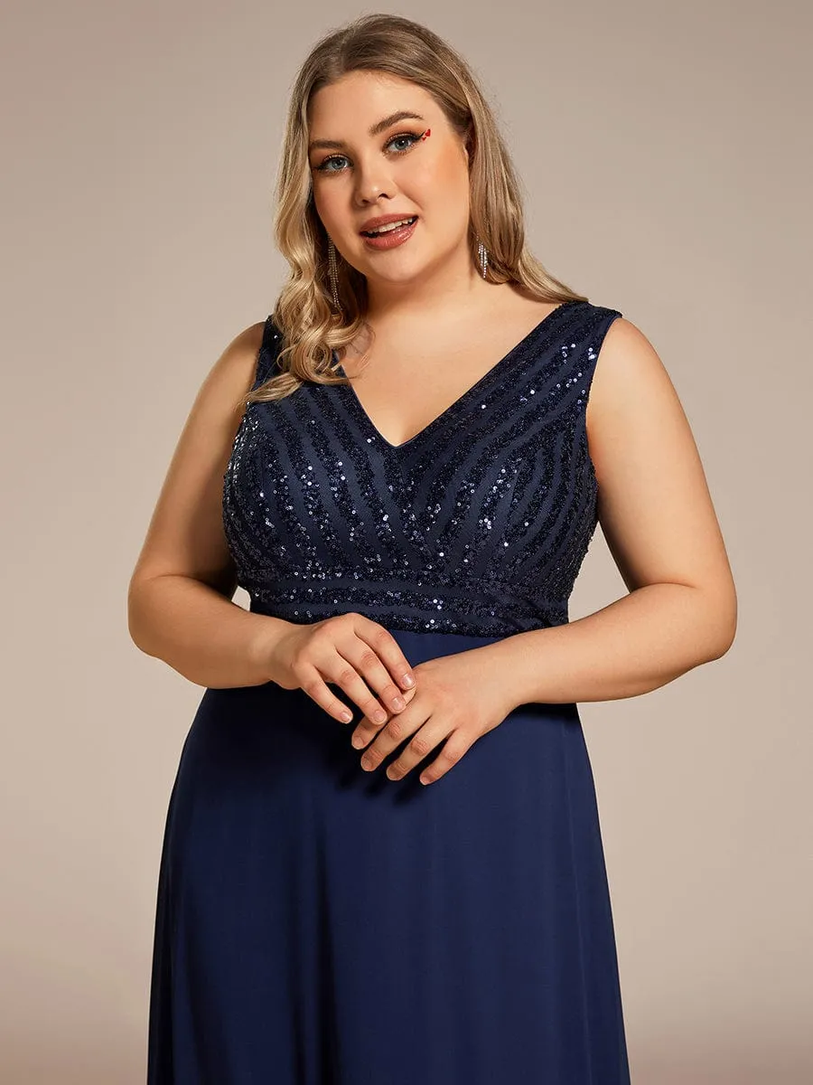 Plus Size Sequin Sleeveless Double V-Neck Formal Evening Dress