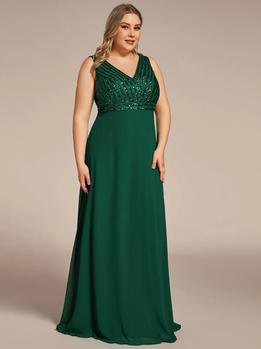 Plus Size Sequin Sleeveless Double V-Neck Formal Evening Dress