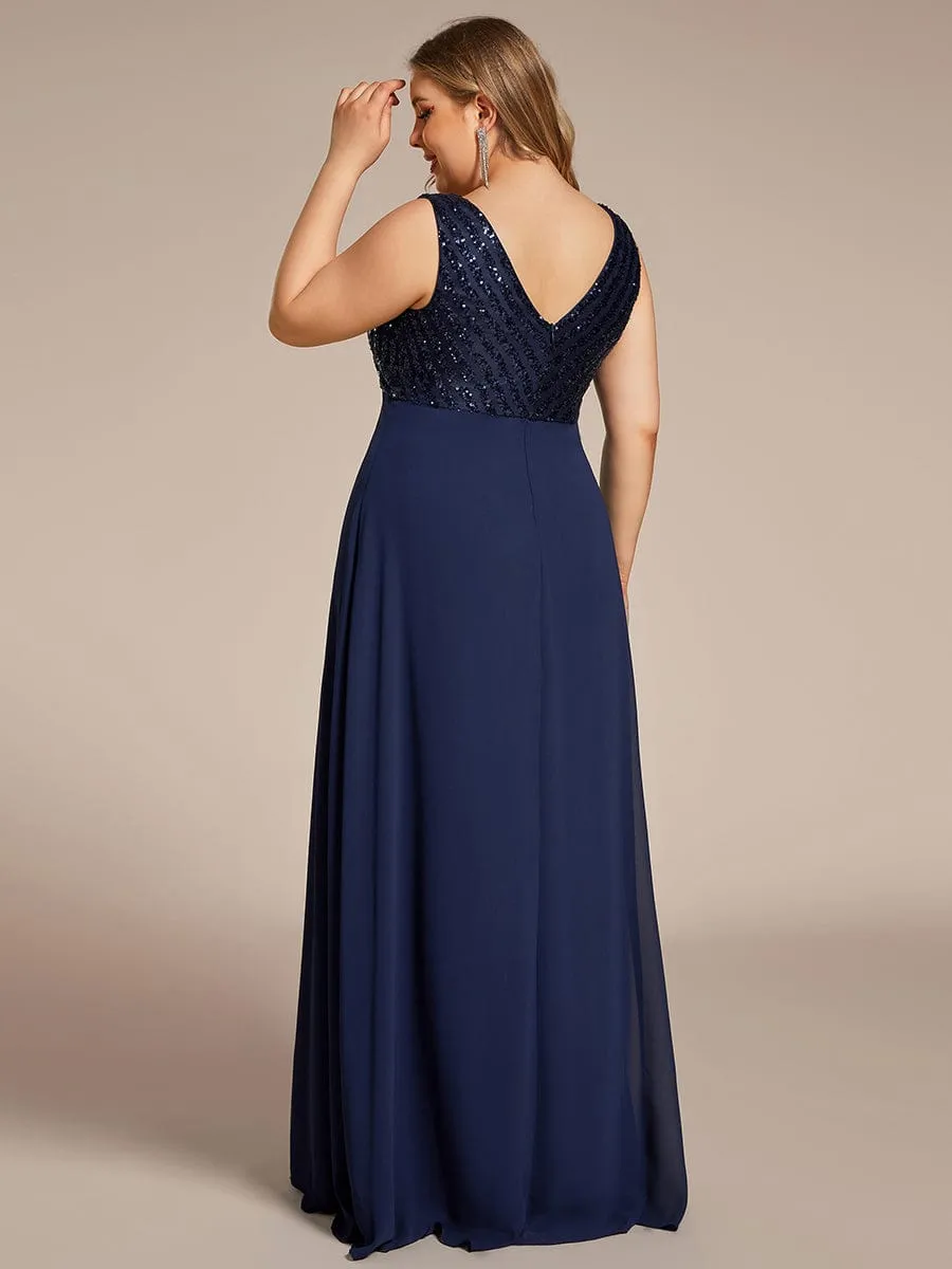 Plus Size Sequin Sleeveless Double V-Neck Formal Evening Dress