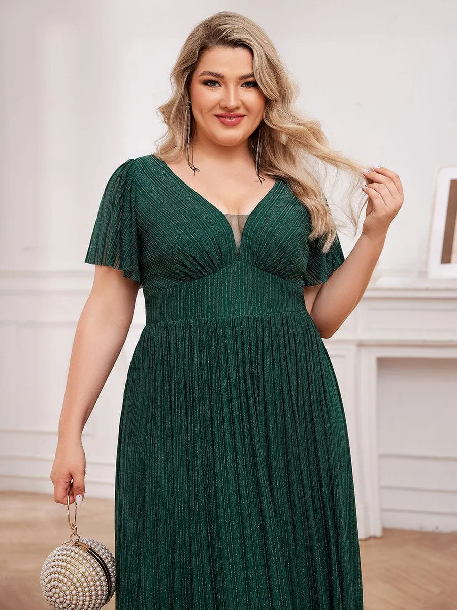 Plus Size Sparkle See-Through V-Neck Empire Waist Formal Evening Dress