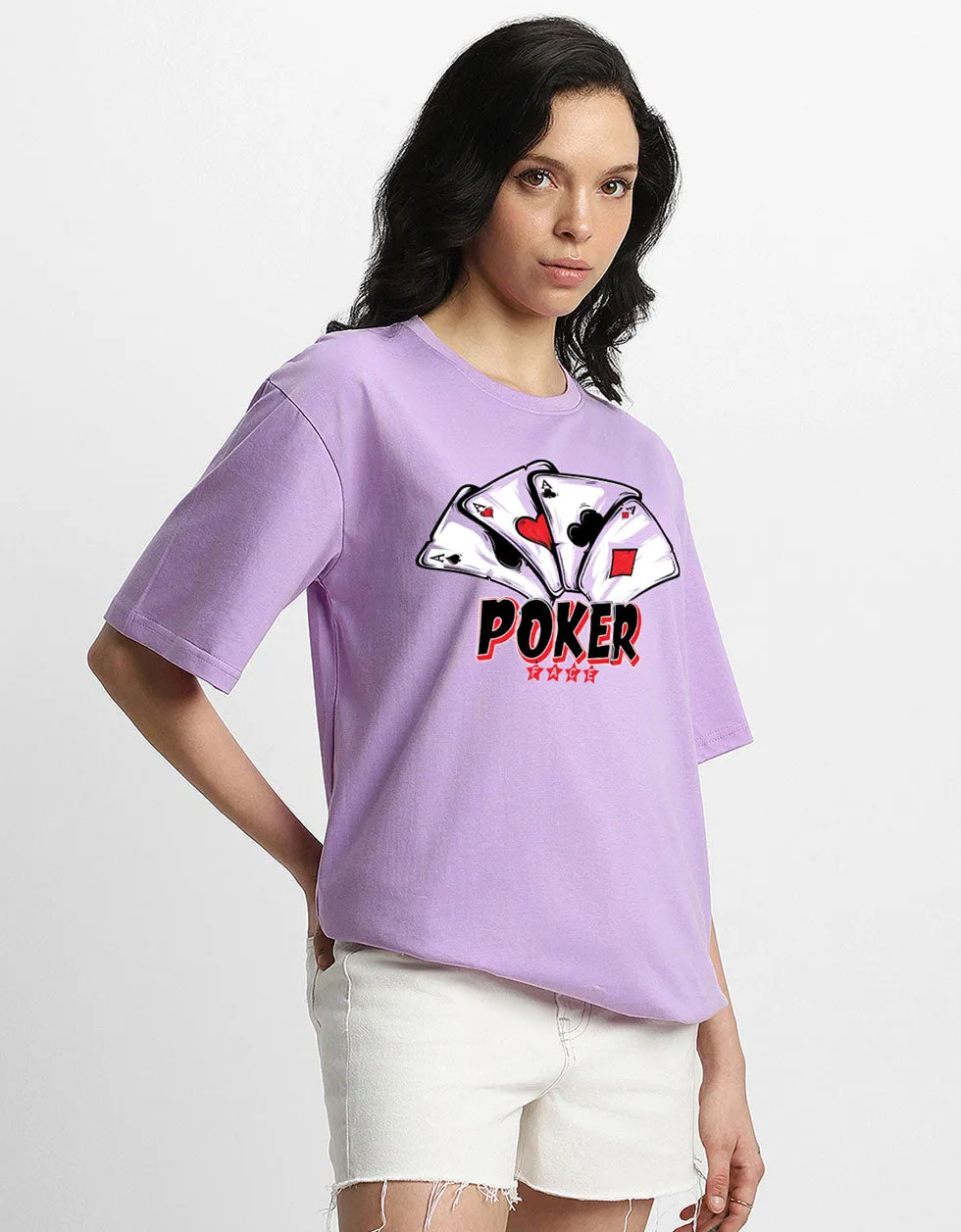 POKER Women Lilac Oversized Graphic Printed Tshirt