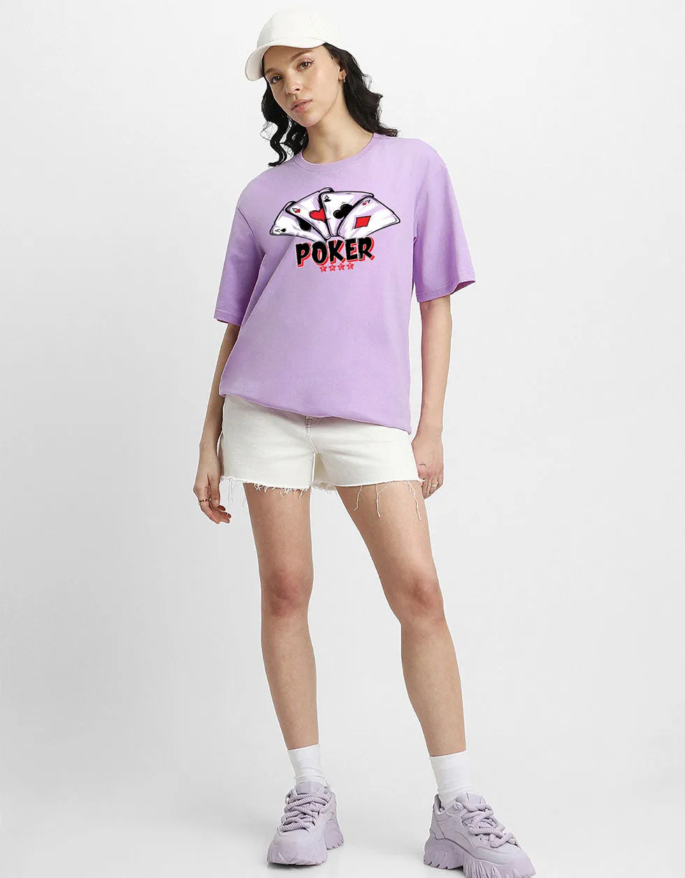 POKER Women Lilac Oversized Graphic Printed Tshirt