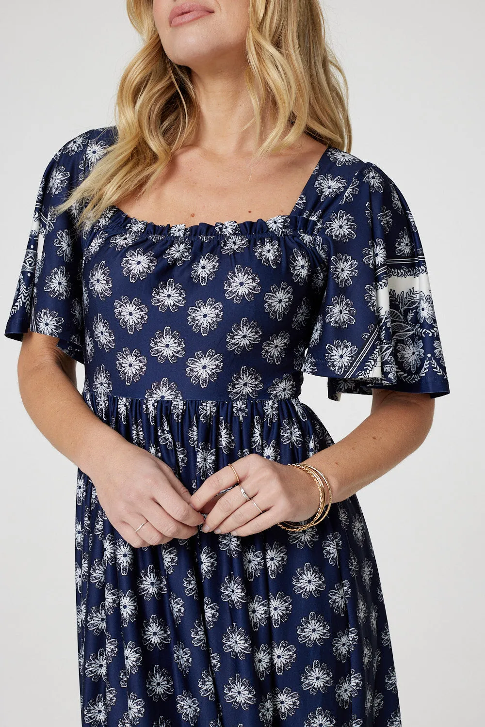 Printed 1/2 Batwing Sleeve Midi Dress