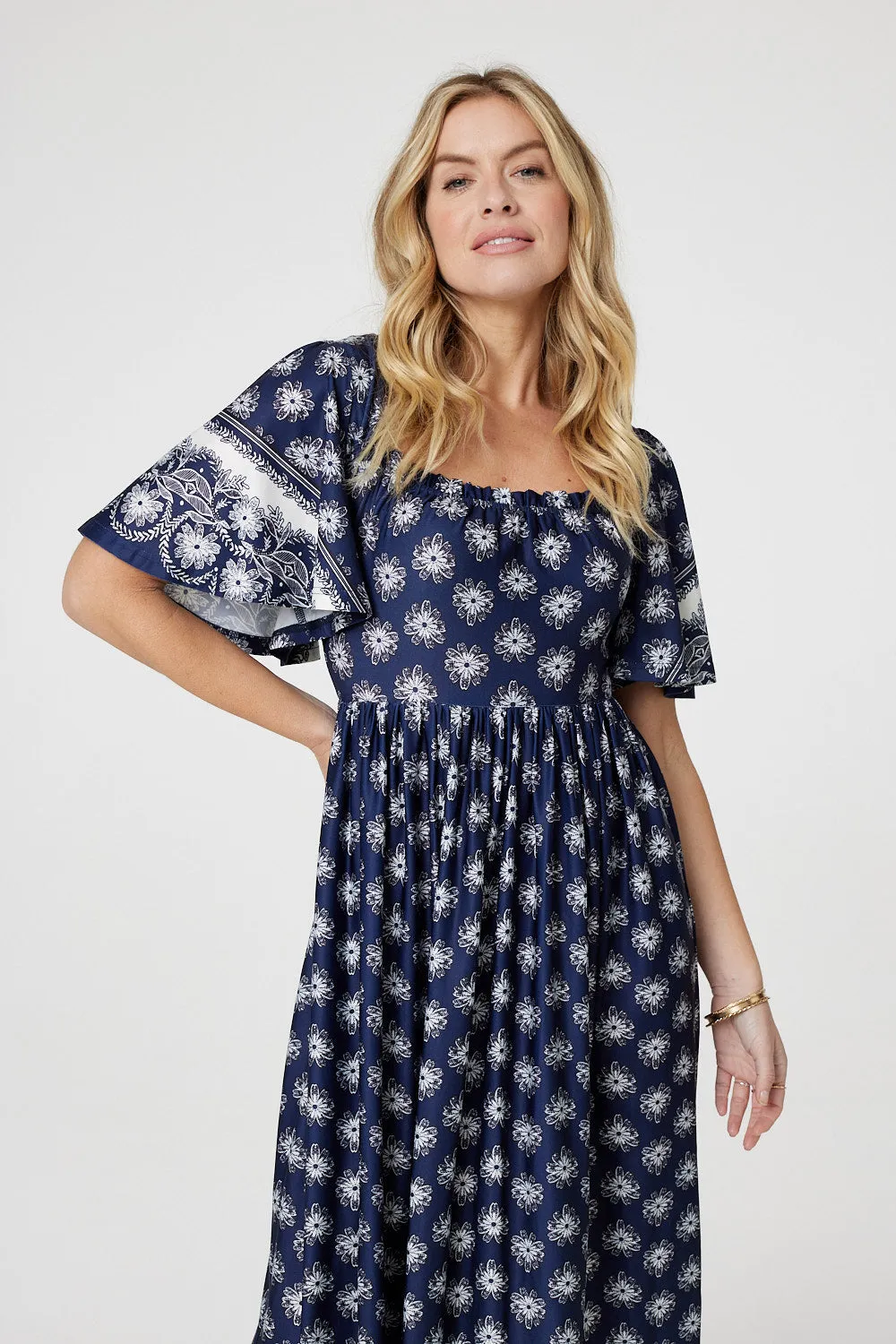 Printed 1/2 Batwing Sleeve Midi Dress