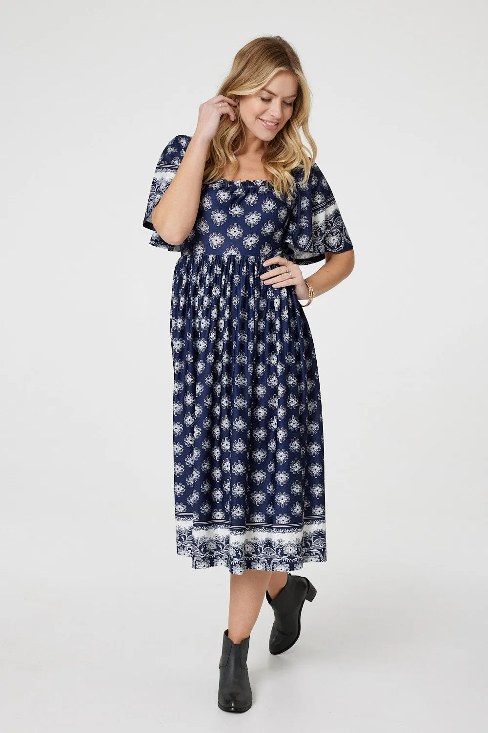 Printed 1/2 Batwing Sleeve Midi Dress