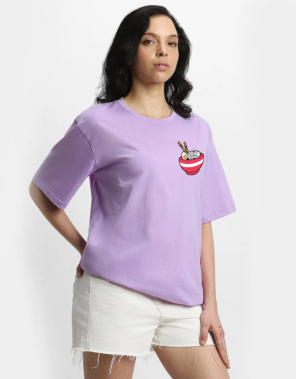 Ramen Women Lilac Oversized Back Graphic Printed Tshirt